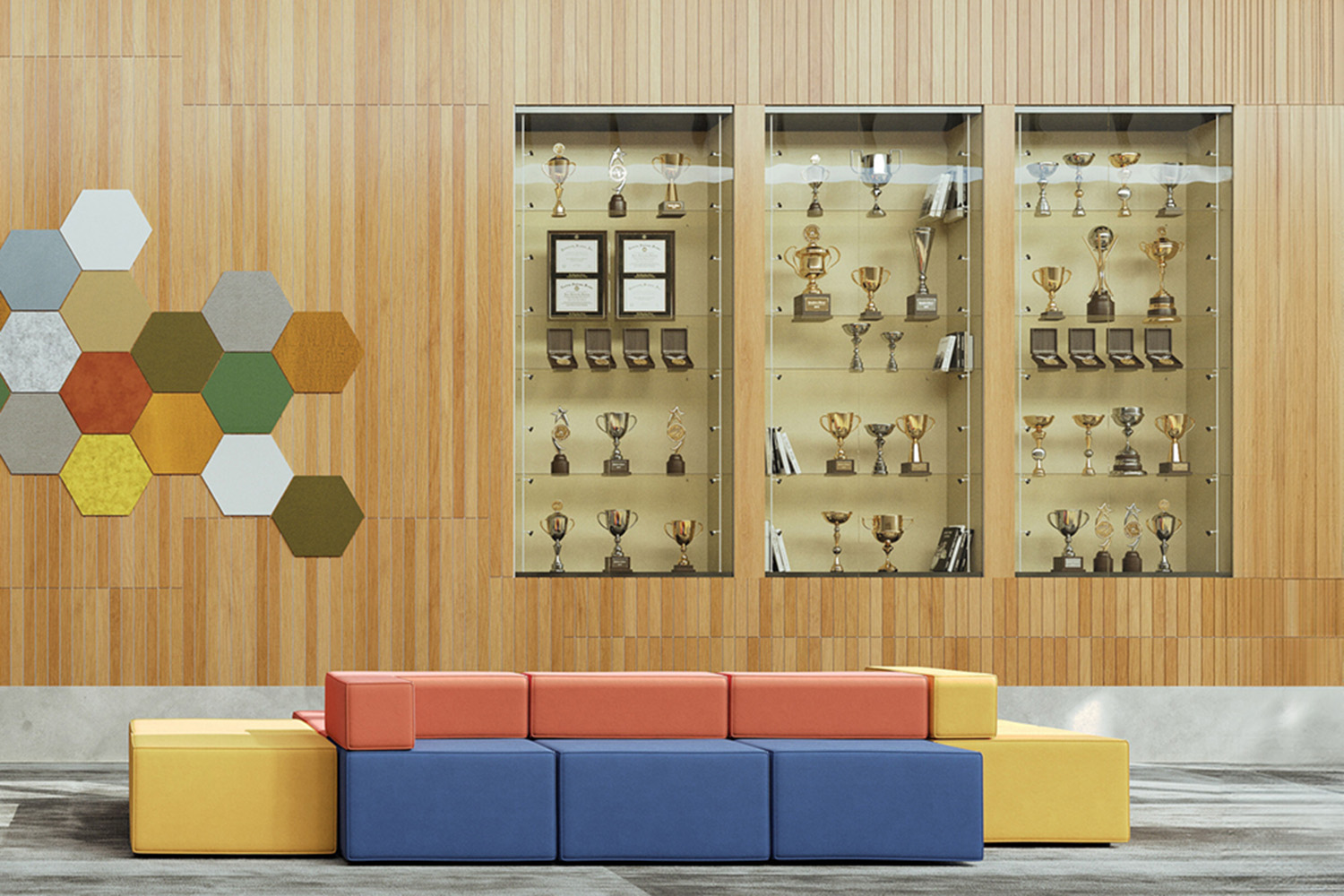 Glass display cases with school trophies