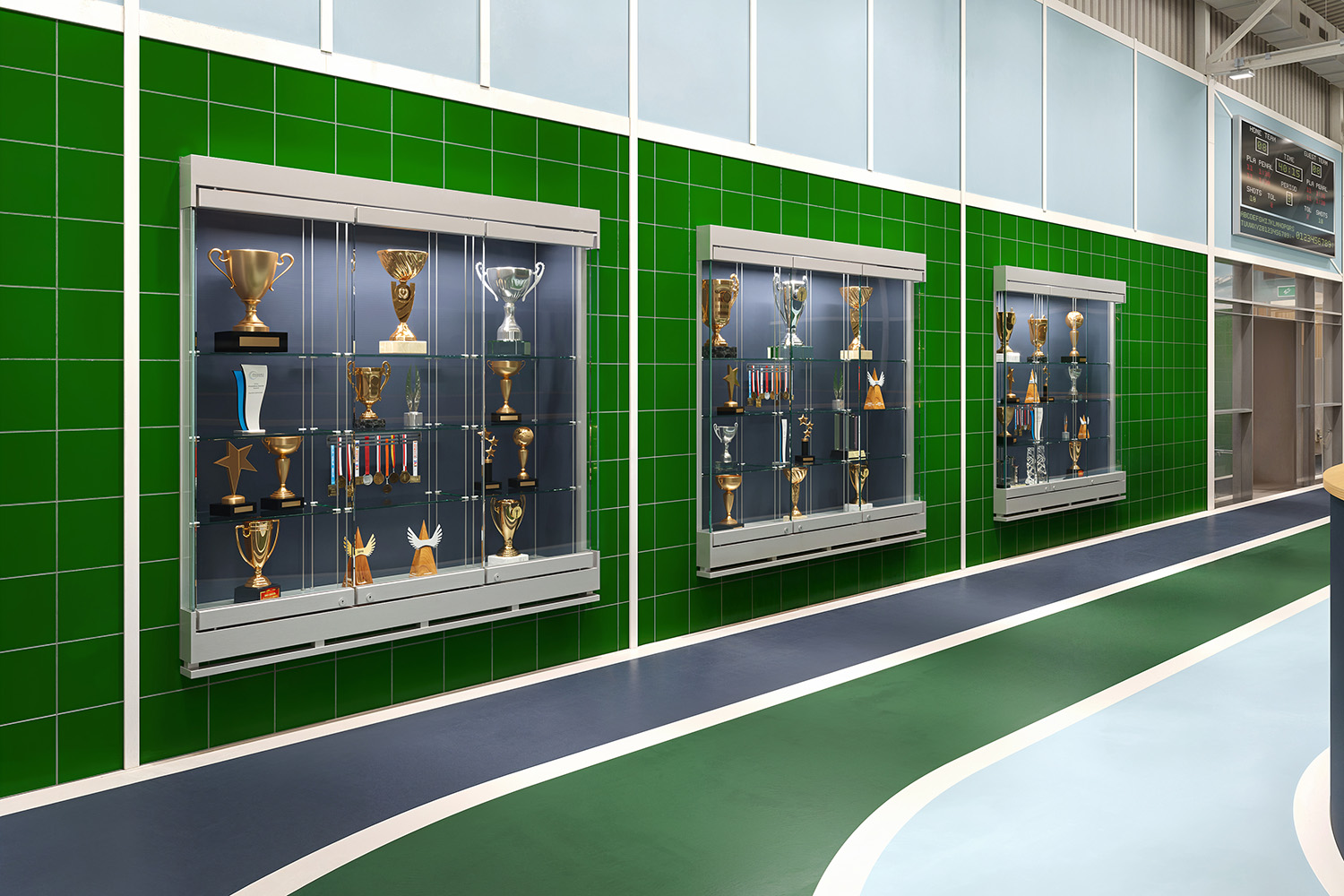 Glass display cases with trophies